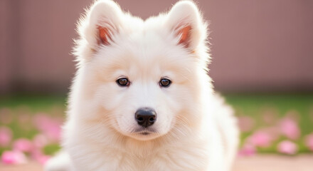 Fluffy white puppy sitting outdoors with soft fur and upright ears, surrounded by pink flower petals on green grass