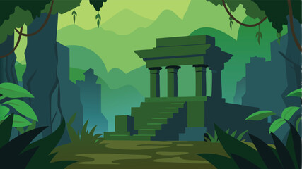 vector illustration of ancient temple ruins in the jungle vines growing