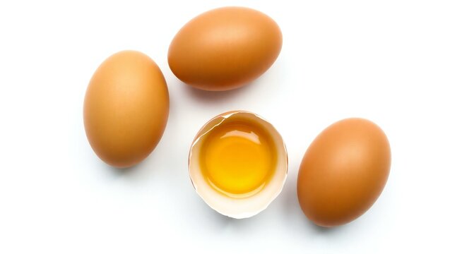 Three brown eggs one cracked open revealing a bright yellow yolk