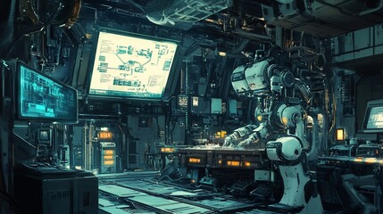 Futuristic Robot in Advanced Control Room Analyzing Data on Multiple Screens