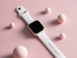 Sleek watch amid minimal spheres