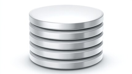 Stack of five silver circular discs, representing a database or data storage. Glossy metallic finish, isolated on white background