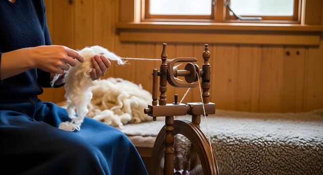 Person Spinning Wool with a Vintage Wooden Spinning Wheel