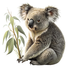 Cute koala sitting with leafy branch in hand showing natural Australian wildlife and calm expression