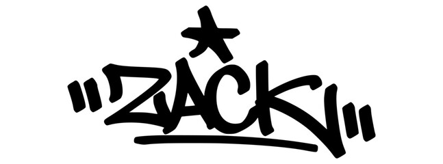 Graffiti tag text “Zack” in bold hand-drawn street art style. Urban vector lettering with a personal vibe, perfect for custom designs, fashion, and merchandise.