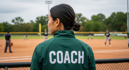 Female baseball coach observing team practice on an outdoor field during cloudy weather with players in green uniforms