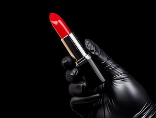 Naklejka premium Bold red lipstick application studio setting cosmetic photography black background close-up view beauty concept