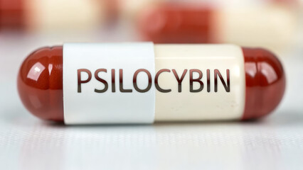 Obraz premium Psilocybin concept ,Psilocybin capsule close up with red and white colors white surface, showing clear text and smooth texture