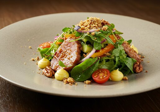 A gourmet salad with seared meat, fresh greens, tomatoes, and a creamy sauce, presented on a plate.