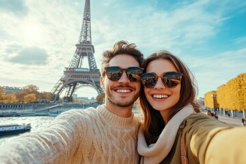 Smiling couple taking selfie with Eiffel Tower in background, sunny day in Paris