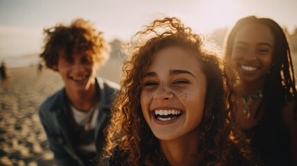 Obraz premium Diverse friends laughing together on sunny beach