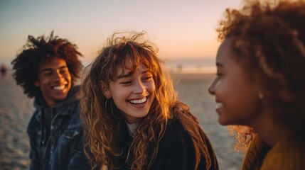 Diverse friends laughing together on sunny beach
