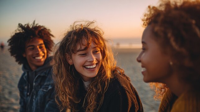 Diverse friends laughing together on sunny beach