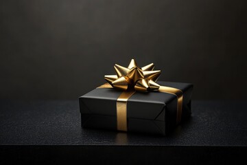 Single black box with golden bow sitting on black surface with soft spotlight, elegant minimalism