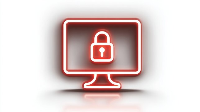Red neon-style monitor icon with centered padlock, white glow and soft shadow