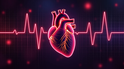 Human heart with glowing veins and heartbeat line on dark background showing cardiovascular health and rhythm