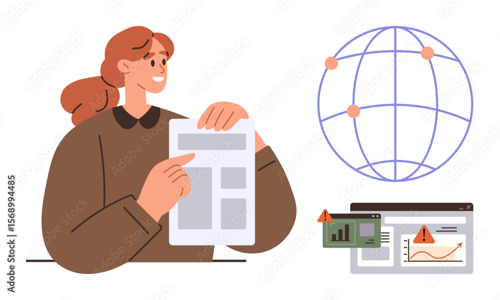 Poster woman examining document, global network graphic, data screens marked with errors. ideal for analyti