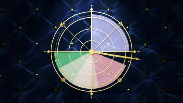 Golden radar with green, pink, and white sections on a dark blue tufted background with gold accents