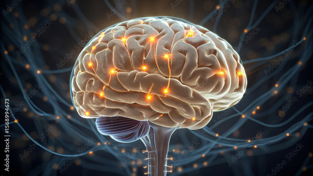 Poster psilocybin concept ,human brain with glowing neural pathways and synapses, illustrating active brain