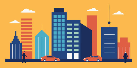 Modern urban vector cityscape illustration featuring a downtown skyline with towering skyscrapers and architectural design