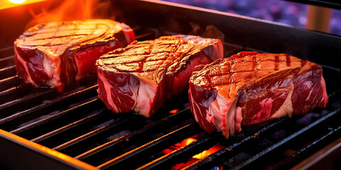 Three thick steaks cooking on a grill with flames and grill marks visible in a close up shot of the food