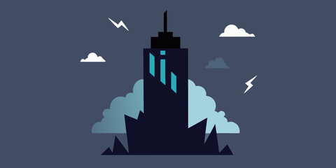 Naklejka premium Vector illustration of a castle silhouette with towers against a night sky, suitable for themes like old European architecture, Halloween, or travel in a town landscape with moonlit clouds and water