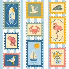 Seamless pattern of coastal summer postage stamps in a hand-drawn vintage look. Includes tropical animals, travel elements, and sea-themed illustrations. Perfect for packaging, summer projects.
