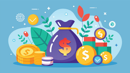 Illustration of a money bag with dollar sign, coins, checkmarks, and plants on a blue background