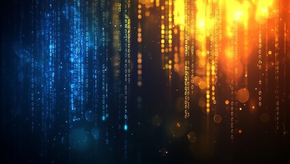 Digital code streams, cascading, dark background, glowing particles