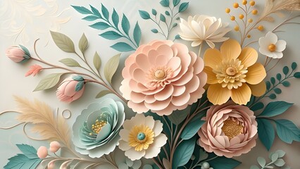 Hyperrealistic 3D floral arrangement with textured paper flowers in soft pink, peach, teal, and mustard hues. Delicate petals, ornate leaves, and Art Nouveau charm—an elegant, viral botanical masterpi