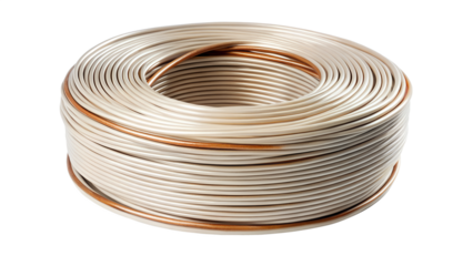 A coil of beige electrical cable with copper wire, isolated on transparent background