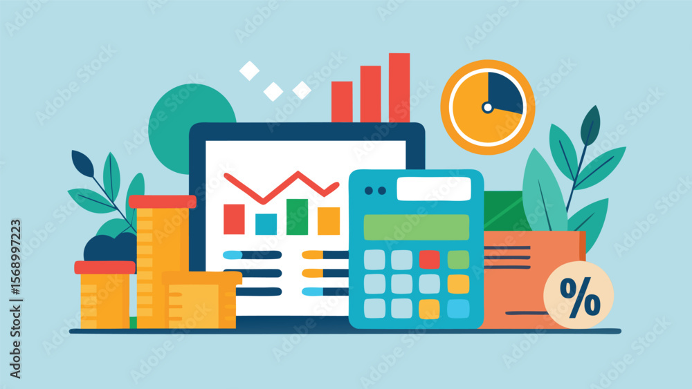 Poster illustration showing financial data on a screen with calculator and other related elements around it