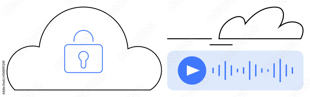 Poster cloud with a lock symbol alongside audio file with waveform and play button. ideal for data security