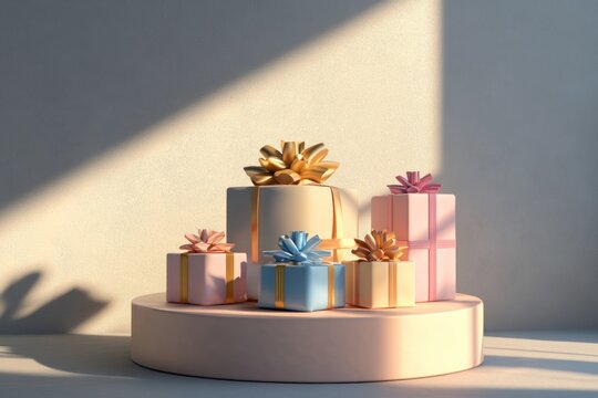 Round stage with wrapped presents, soft shadows, ideal for template design, 3D render