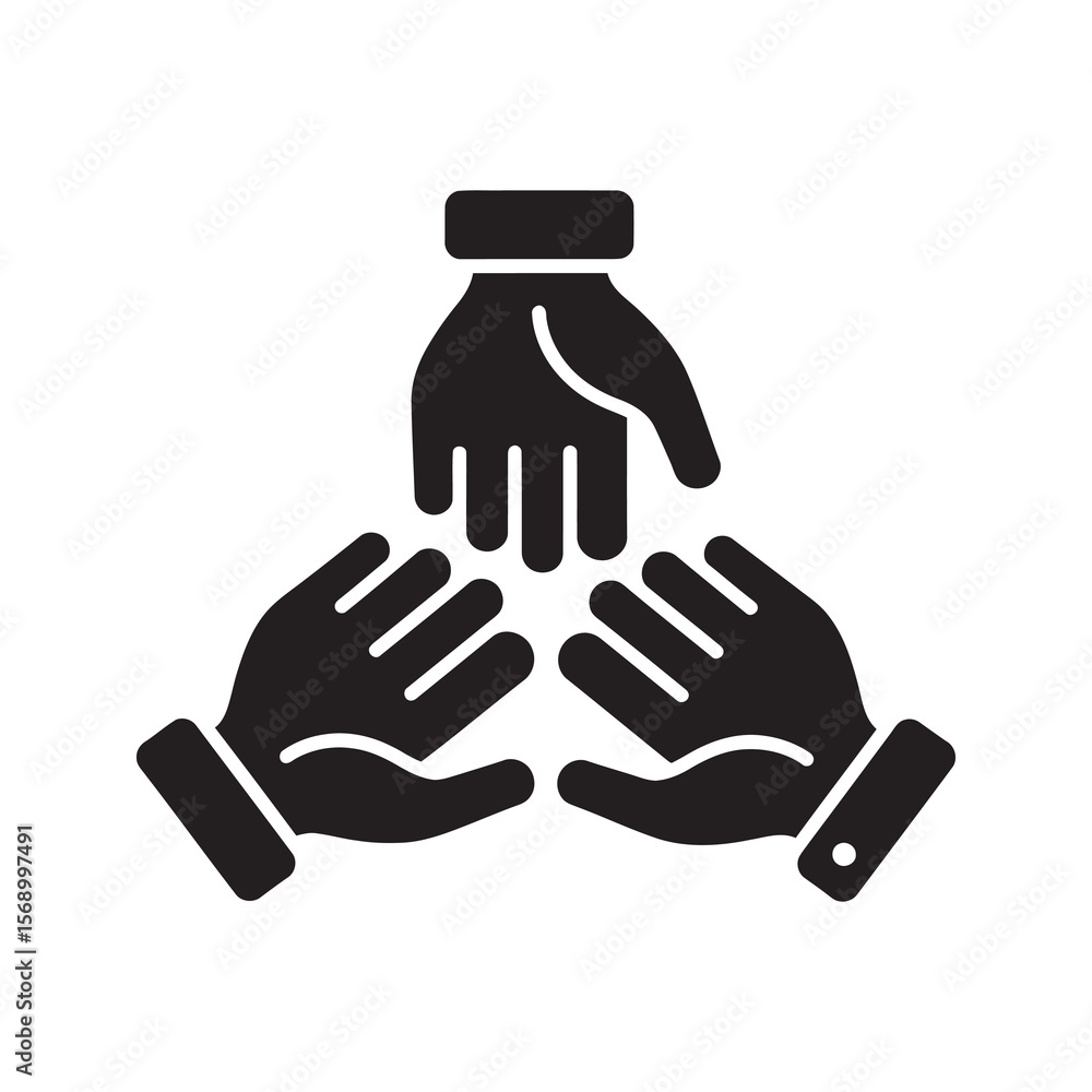 Poster teamwork collaboration icon with three hands together in unity representing a partnership support gr