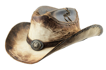 A Distressed Brown Leather Cowboy Hat With A Silver Buckle And Decorative Stitching Isolated On A Transparent Background