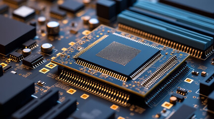 Key chip technology concept ,Microchip inserted into motherboard socket with electronic components and circuits close up view