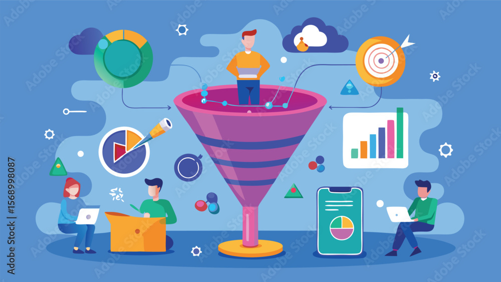 Poster illustration of a sales funnel with data analysis and team collaboration in a business setting