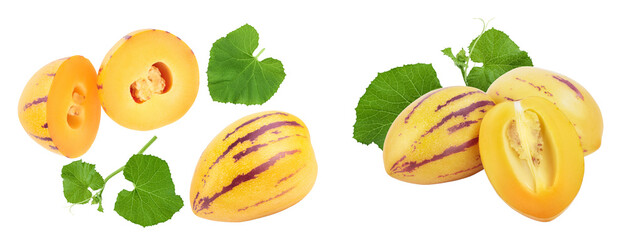 Fresh Pepino fruit isolated on white background. Top view, flat lay