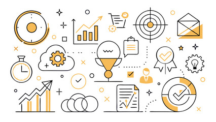 Illustration of business and finance icons with charts, graphs, and symbols in a line art style