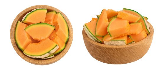Cantaloupe melon pieces in wooden bowl isolated on white background with full depth of field. Top...