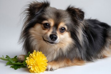 A fluffy tan and grey dog is lying down next to a yellow flower