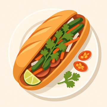 op-view vector illustration of a Vietnamese Banh Mi sandwich on a plate, showcasing its colorful fillings, perfect for food blogs or restaurant menus.