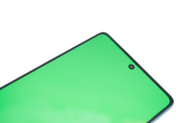 Close-up view of a phone screen displaying a solid green color.