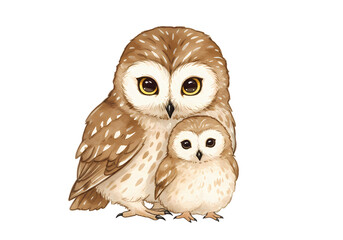 Fototapeta premium Tender Embrace A Mother Owl and Her Owlet isolated on transparent background