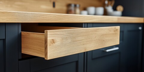 Modern kitchen drawer open on light wood countertop