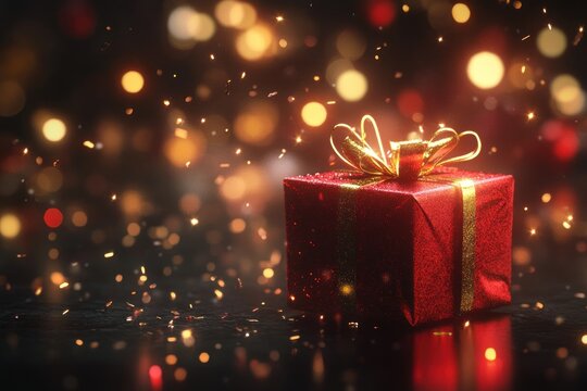 Realistic 3D scene of red present glowing softly in dark festive environment with golden sparkles