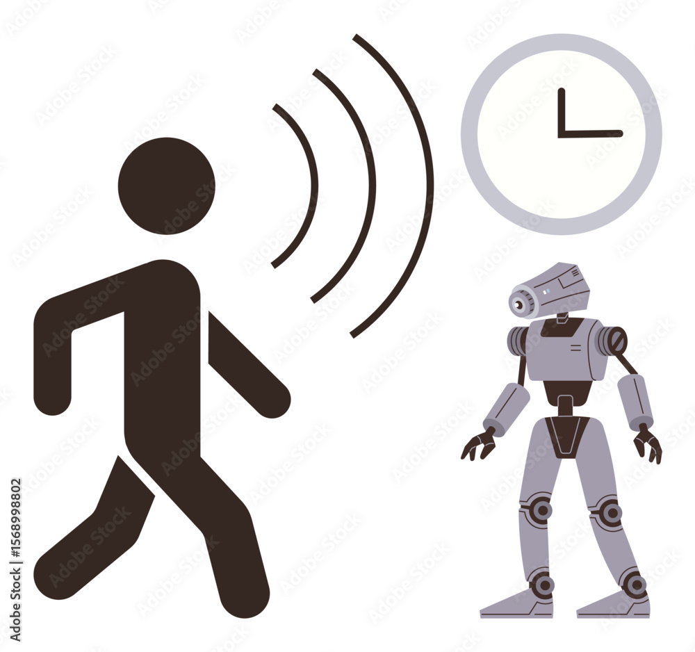 Poster stick figure walking with sound waves, robot standing nearby, and clock icon symbolizing timing. ide