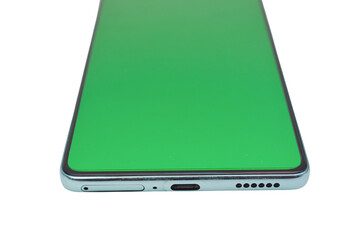 Modern cell phone with a bright green screen.