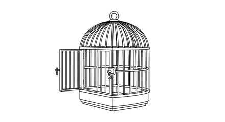 Open birdcage symbolizes freedom with line drawing on white background, representing escape and liberation with copy space.